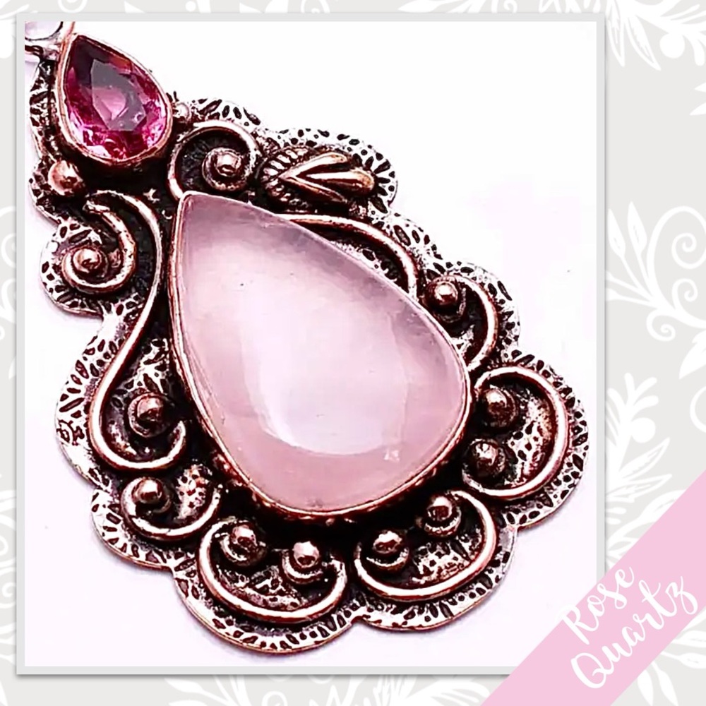 Rose Quartz, Pink Topaz Artisan Copper Pendant 2.6” (Pale Pink, Fuchsia Pink) - Picture 2 of 2